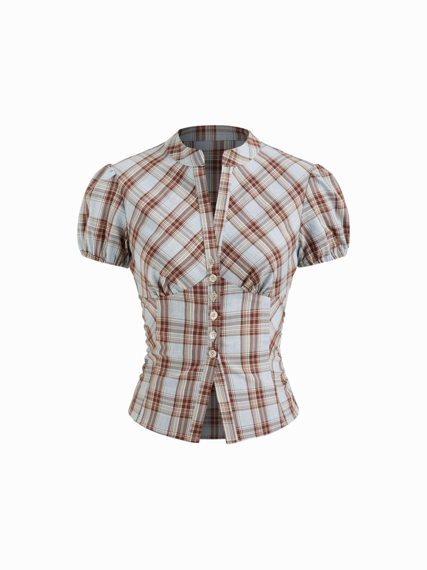 Woven Plaid V-neck Puff Sleeve Split Front Blouse For Work | Cider