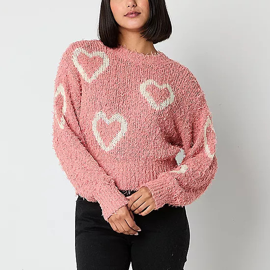Arizona Juniors Womens Crew Neck Long Sleeve Hearts Pullover Sweater, Color: Pink Heart - JCPenne... | JCPenney