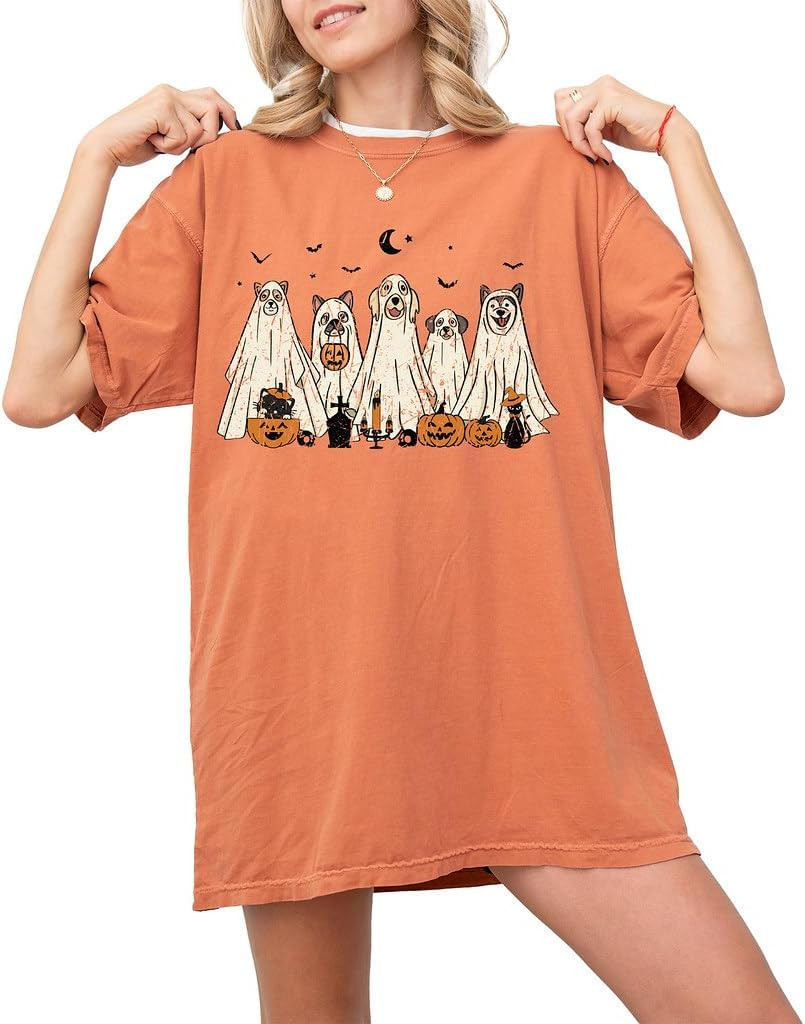 Halloween T-Shirt - Cute Dogs in Ghost Costumes Design - Funny Halloween Graphic Tee for Men, Women, Unisex, 100% Cotton | Amazon (US)