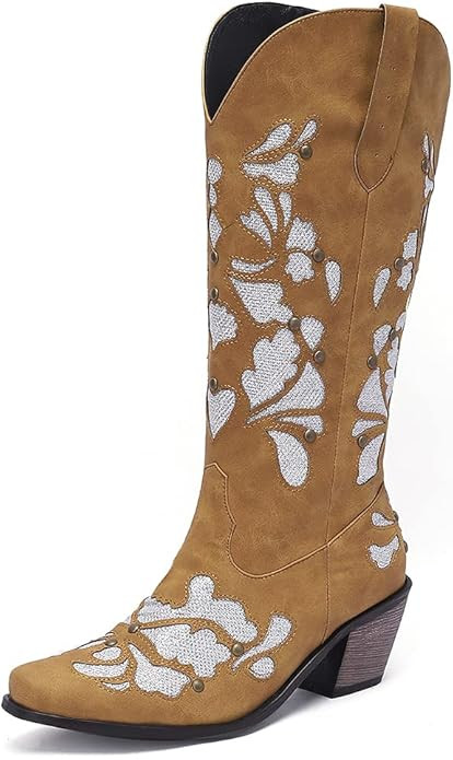 heelchic Women's Sunflower Printed Western Boots Cowgirl Round Toe Short Boots Embroidered Boots | Amazon (US)
