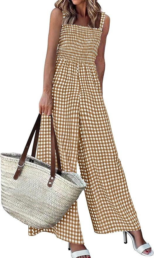 PRETTYGARDEN One Piece Jumpsuits for Women 2026 Summer Sleeveless Smocked Gingham Wide Leg Date N... | Amazon (US)
