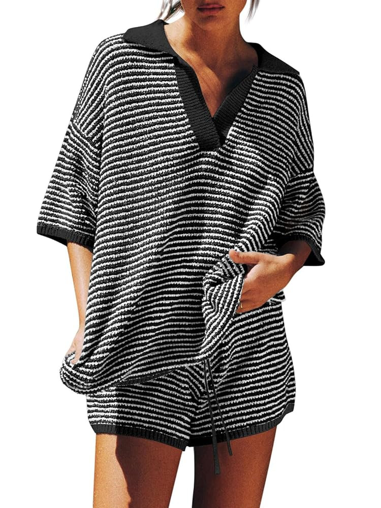 Tankaneo Womens Sweater Set 2 Piece Outfits Oversized 3/4 Sleeve V Neck Knit Tops High Waisted Sh... | Amazon (US)