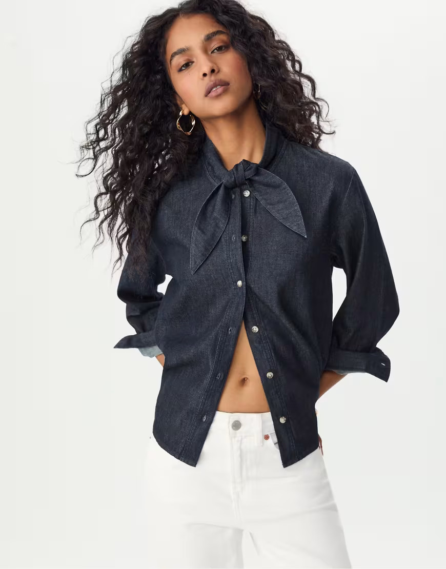 Stradivarius Denim shirt with bow in overdyed blue denim | ASOS (Global)