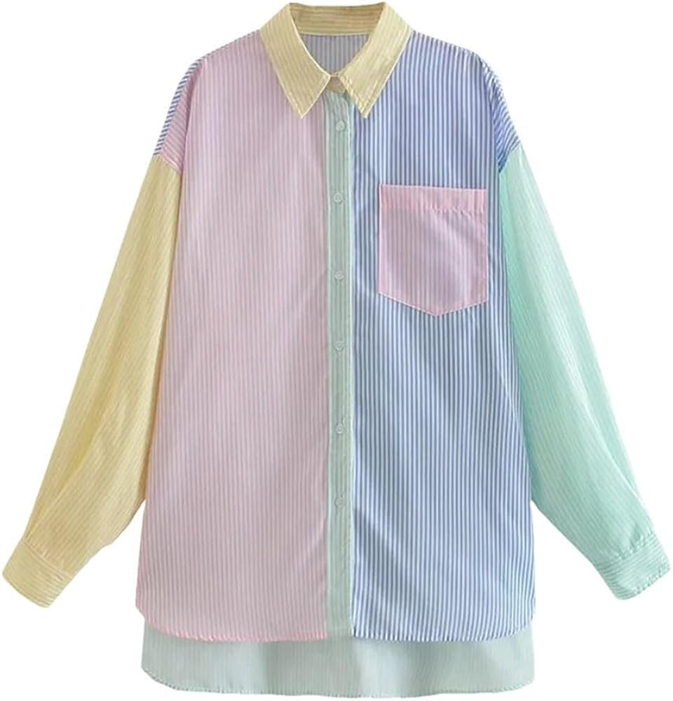 Women's Colorblock Striped Print Long Sleeve Turn Down Collar Button Up Shirt Ladies Daily Outfit | Amazon (US)