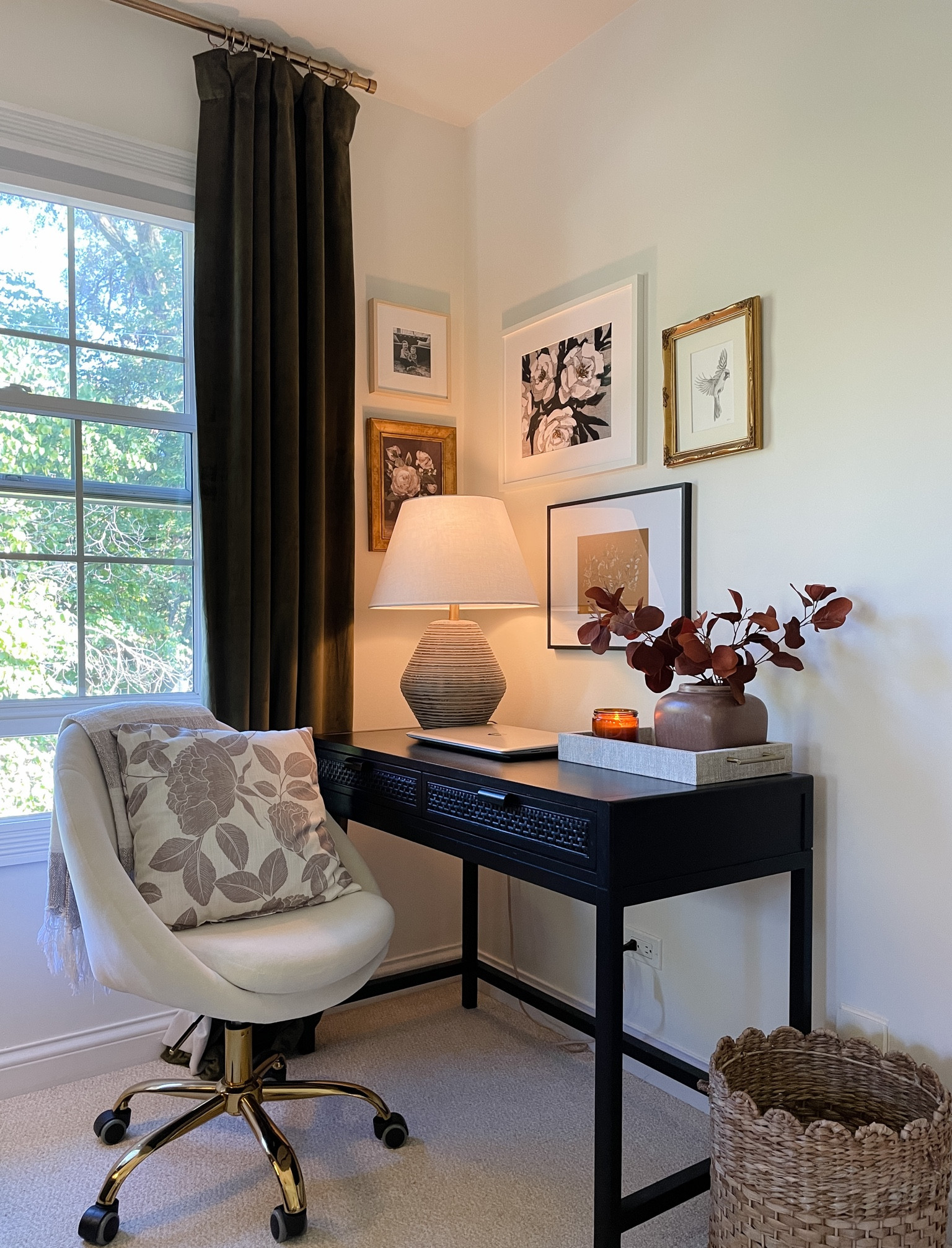 Bedroom office. Writing desk. Small desk. Black desk. Gallery wall. Office chair. Green curtains. Velvet curtain. Brass curtain rod. Fall decor. Home decor. Affordable desk. Affordable office furniture. 

#LTKhome #LTKSeasonal