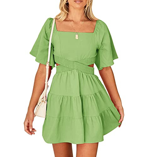 Shy Velvet Womens Square Neck Criss Cross Pleated Flowy Dress Solid Color Backless Hollow Out Mini Dresses | Amazon (US)