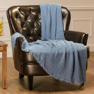 Waffle Textured Dusty Blue Acrylic Throw Blanket with Tassels - 50 in. x 65 in. | The Home Depot