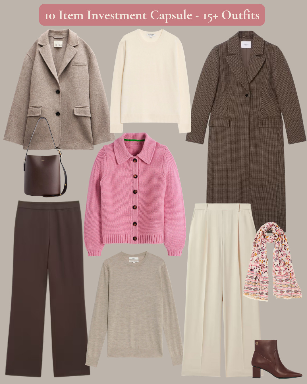 Ten pieces that create fifteen-plus complete outfits. Cream cashmere, soft pink cardigan, taupe blazer, chocolate brown trousers - the versatile colour palette that works for everything from weekend comfort to smart occasions. Each piece works with at least six others, the scarf adds the finishing touch, and the bag completes every look. This is strategic capsule building with investment pieces that earn their place 

 #LTKautumn #LTKover50style #LTKstyletip