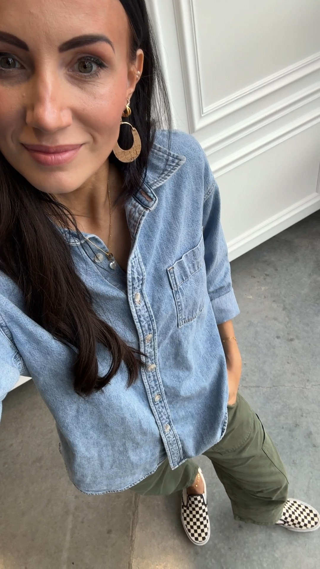 The best @Aritzia denim shirt plus @Pistola Denim green utility pants