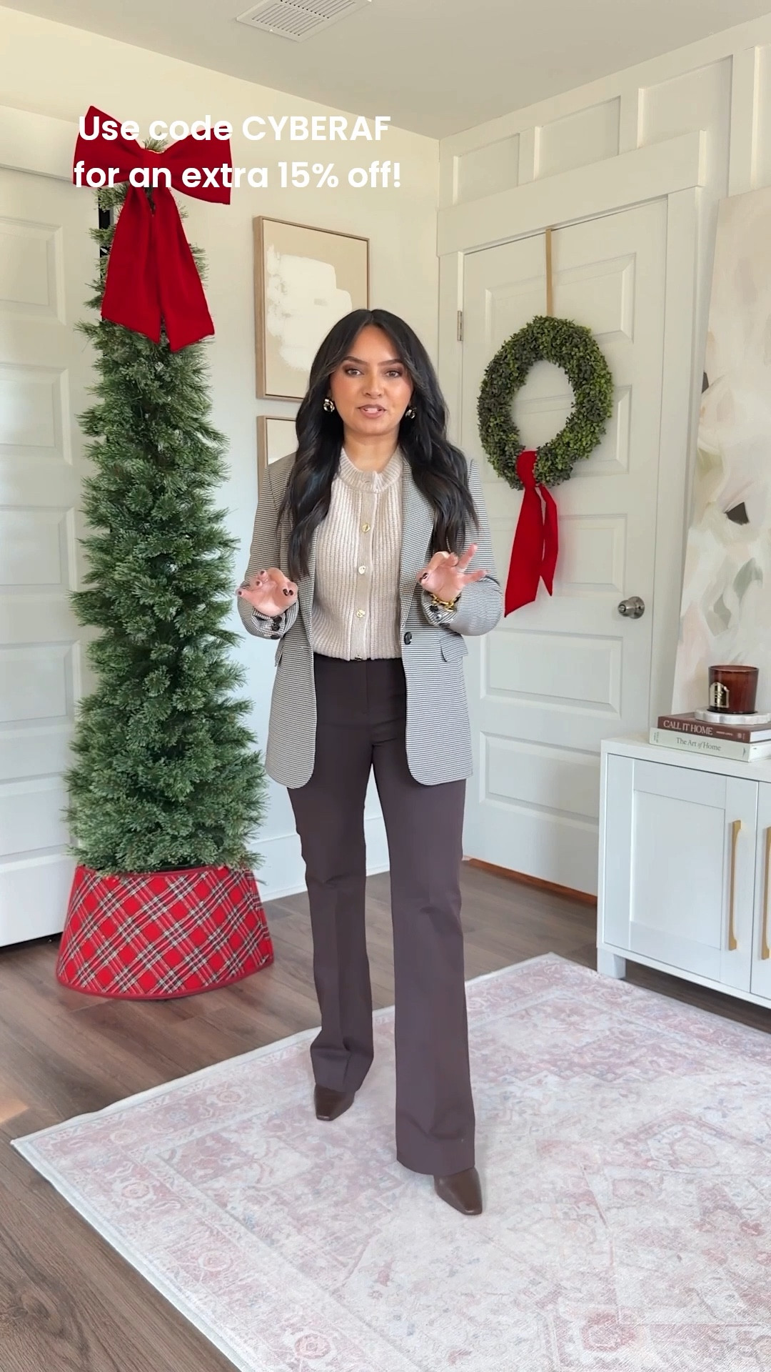 Brown herringbone classic suiting blazer size xxs regular TTS
Sand tan crew cardigan size xs TTS
Dark coffee bootcut pants size 26 short TTS
Brown leather boots size 5.5 TTS

#LTKGiftGuide #LTKSaleAlert #LTKPetite
