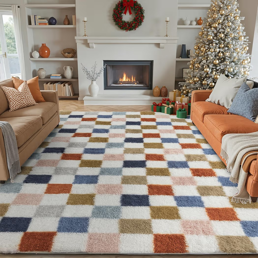 Checkered Rug 9x12 for Living Room, Modern Rainbown Shag Rug Washable Non-Slip Large Area Rug Sup... | Amazon (US)