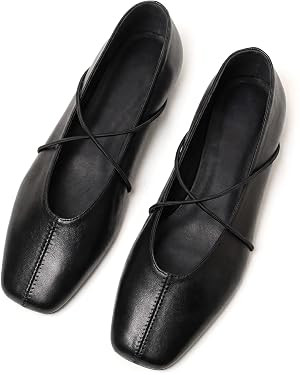 Womens Ballet Flats Black Square Toe Flats with Criss Cross Strap Comfortable Dress Shoes for Off... | Amazon (US)