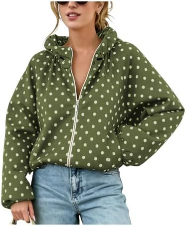 Womens Polka Dot Jacket Zip Up Cropped Bomber | drawstring neck and hem polkadot bomber windbreak... | Amazon (US)