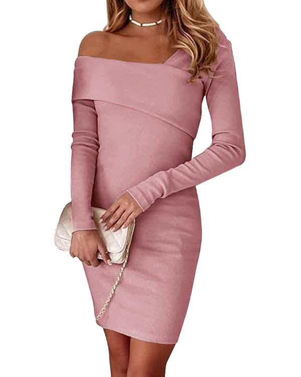 PRETTYGARDEN Women's 2023 Off Shoulder Bodycon Dresses Asymmetrical Neck Long Sleeve Backless Fal... | Amazon (US)