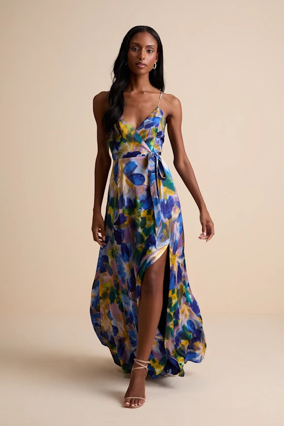 Still the One Blue Multi Floral Print Satin Maxi Dress | Lulus