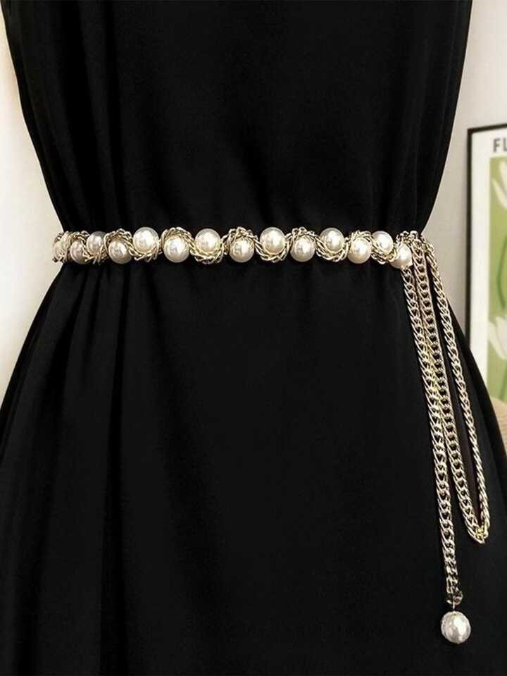 Elegant 1pc Women's Golden Fashionable Pearl Decor Waist Chain, All-Match Accessory To Match Dres... | SHEIN
