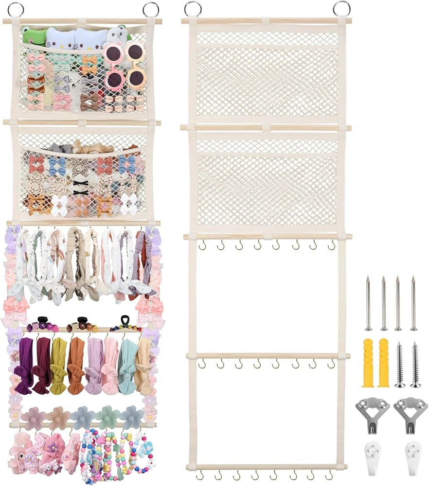 Headband Holder, 17x50in Bow Holder W/ 2 Mesh Pockets & 24 Metal Hooks, Bow Organizer for Girls H... | Amazon (US)