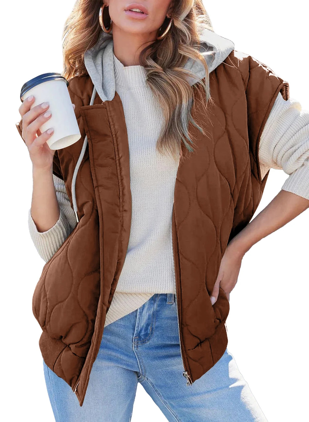 SHEWIN Puffer Vest for Women Cropped Hooded Zip Up Quilted Sleeveless Jackets Fall Lightweight Co... | Walmart (US)