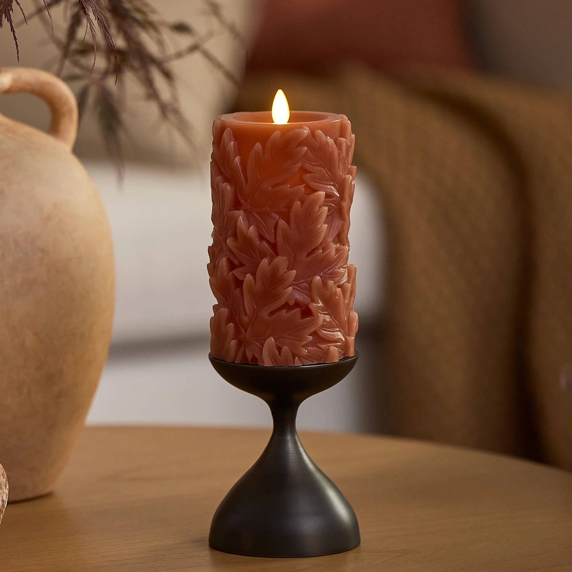 Caramel Café Embossed Leaves Flameless Candle Pillars | Luminara