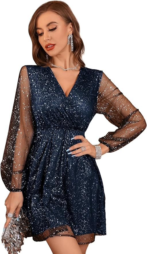 Floerns Women's Lantern Long Sleeve V Neck Mesh Cocktail Party Short Dress Without Belt | Amazon (US)