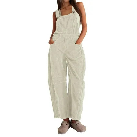 PUWEI Women's Corduroy Overalls Wide Leg Barrel Jeans Adjustable Straps Bib Romper with Pockets | Walmart (US)