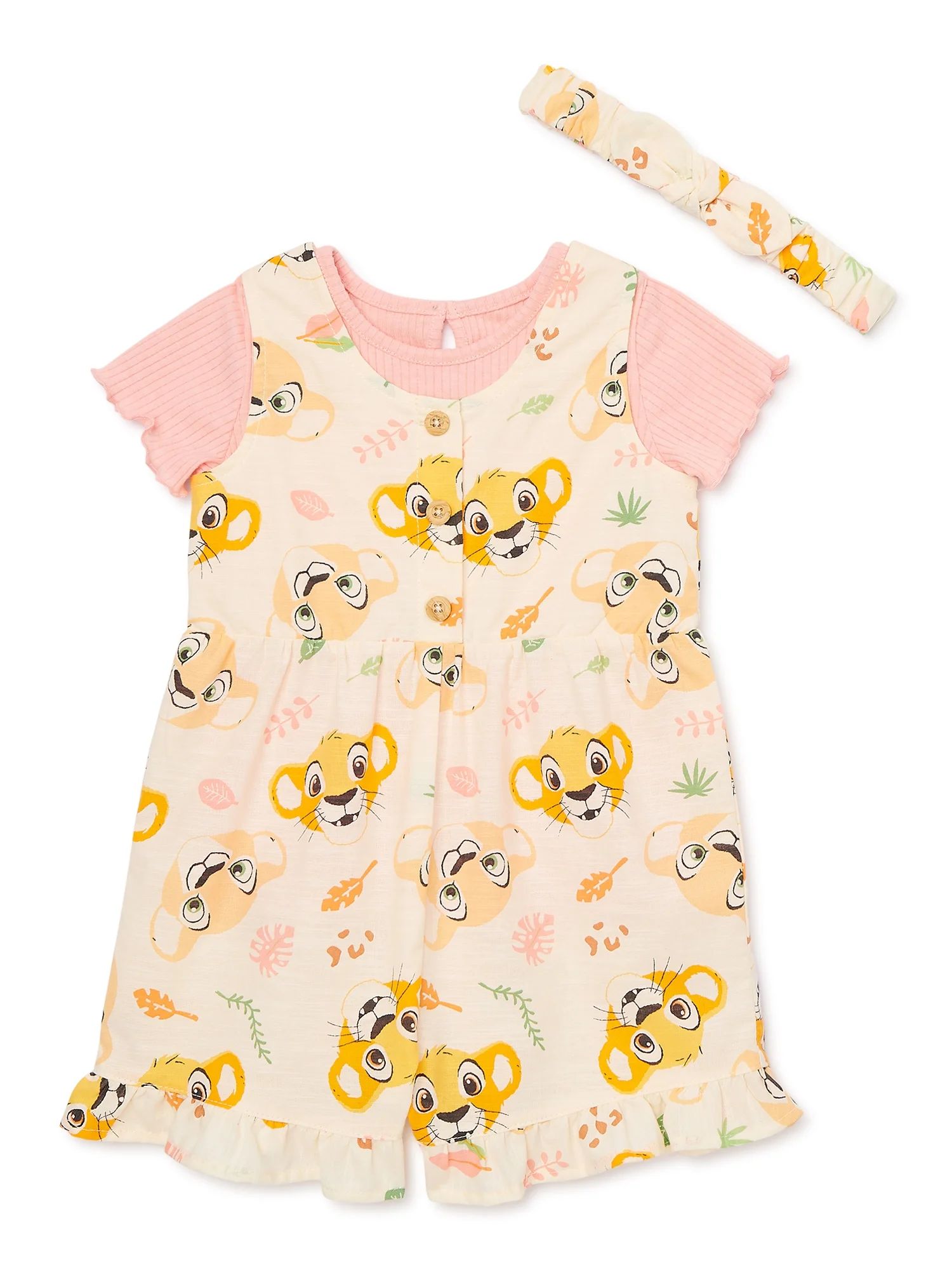The Lion King Baby Girl Shortall and Tee Outfit Set with Headband, Sizes 0/3M-24M | Walmart (US)