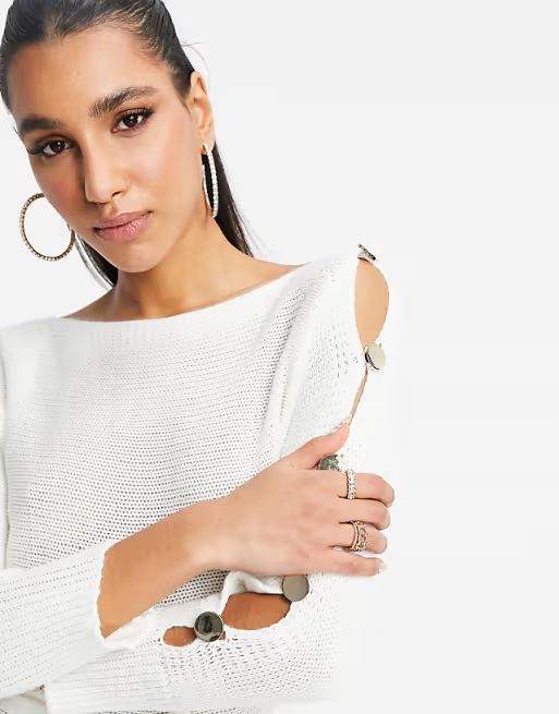 NaaNaa popper sleeve tie waist sweater dress in cream | ASOS (Global)