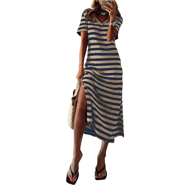 Dokotoo Midi Dresses for Women Fashion Striped Tshirt Dress V Neck Short Sleeves Summer Midi Dres... | Walmart (US)