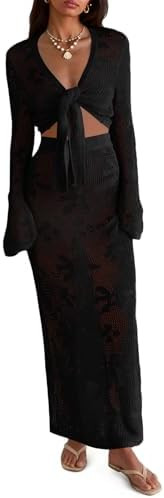 Saodimallsu Womens Crochet Swim Cover Up 2 Piece V Neck Long Sleeve Wrap Tie Crop Tops Beach Boho... | Amazon (US)