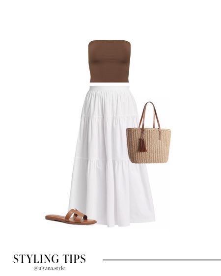 A white maxi skirt paired with a tube top , slide sandals, and a straw tote bag make a cute summer outfit idea. 
.
.
.
.
.
.
Summer outfits | summer sandals | summer vacation outfits | skirt outfits | white flowy skirt | long skirt | long skirt outfits | midi skirt | maxi skirt outfits | white skirt outfit | summer tops | casual tops | tube top outfit | brown sandals | casual sandals | comfy sandals | cute sandals | slide sandals | trending bags | straw bag | outfits for Italy | outfit inspo | 

#LTKGiftGuide #LTKSeasonal  #LTKU #LTKsalealert #LTKSaleAlert #LTKfindsunder50 #LTKFindsUnder50 #LTKFindsUnder100 #LTKfindsunder100 #LTKstyletip #LTKStyleTip #LTKTravel #LTKShoeCrush #LTKunder50 #LTKunder100 #LTKItBag #LTKWorkwear
