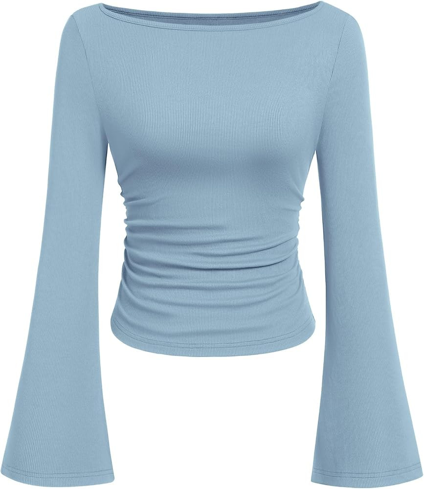 PRETTYGARDEN Womens Bell Long Sleeve Ribbed Knit Tops | Amazon (US)