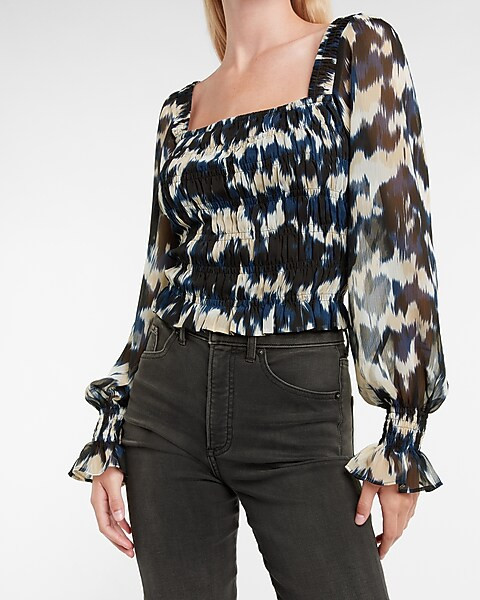 Printed Smocked Square Neck Top | Express