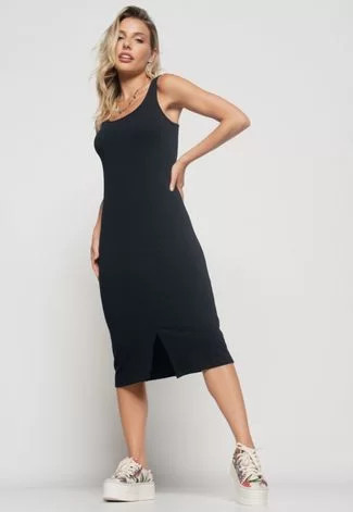 Vestido Salvatore Midi Fenda Canelado Preto | Dafiti (BR)
