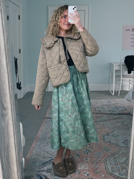 Found similar items to this quilted jacket and skirt + suede mules combo!! One of my favorite outfits I have 🤎

// winter workwear, winter outfit, winter jackets and coats, midi skirts 

#LTKstyletip #LTKSeasonal #LTKworkwear