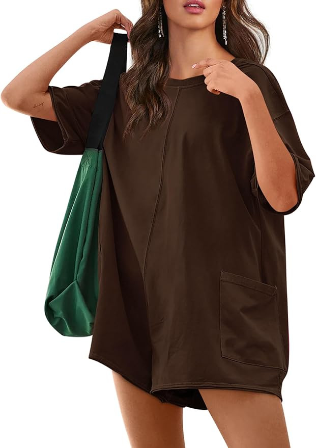 Yousify Rompers for Women 2025 Summer Athletic Oversized Romper Short Sleeve Jumpsuit with Pocket... | Amazon (US)