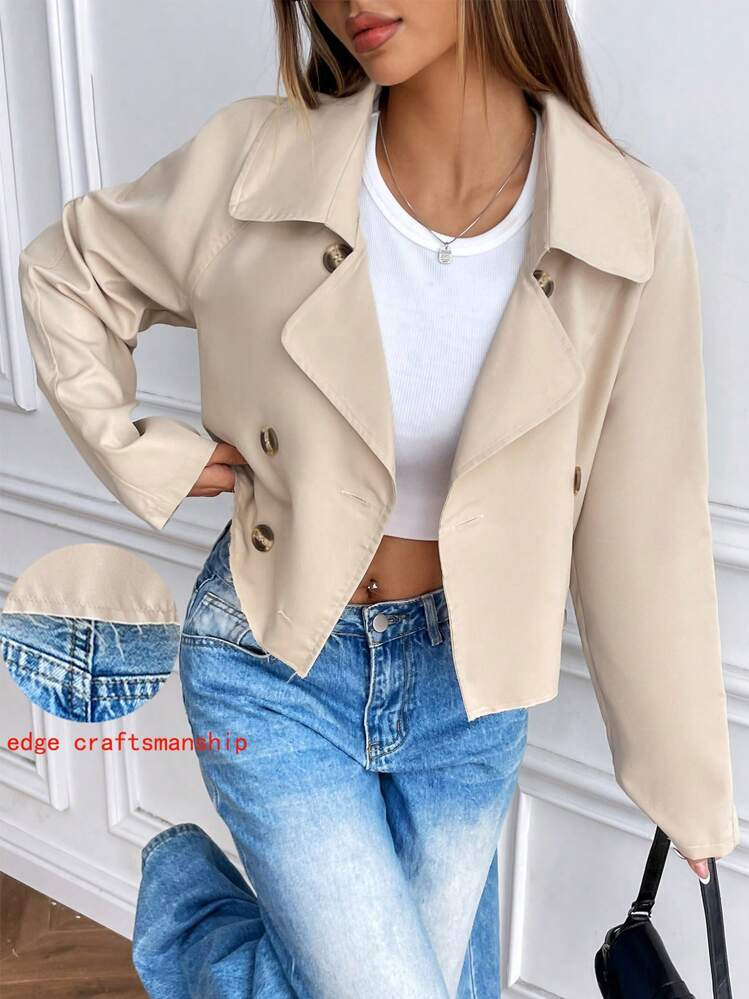 Flirla Damen Minimalistischer Eleganter Kurzer Loser Apricotfarbener Trenchcoat Mit Ausgefransten Kanten | SHEIN