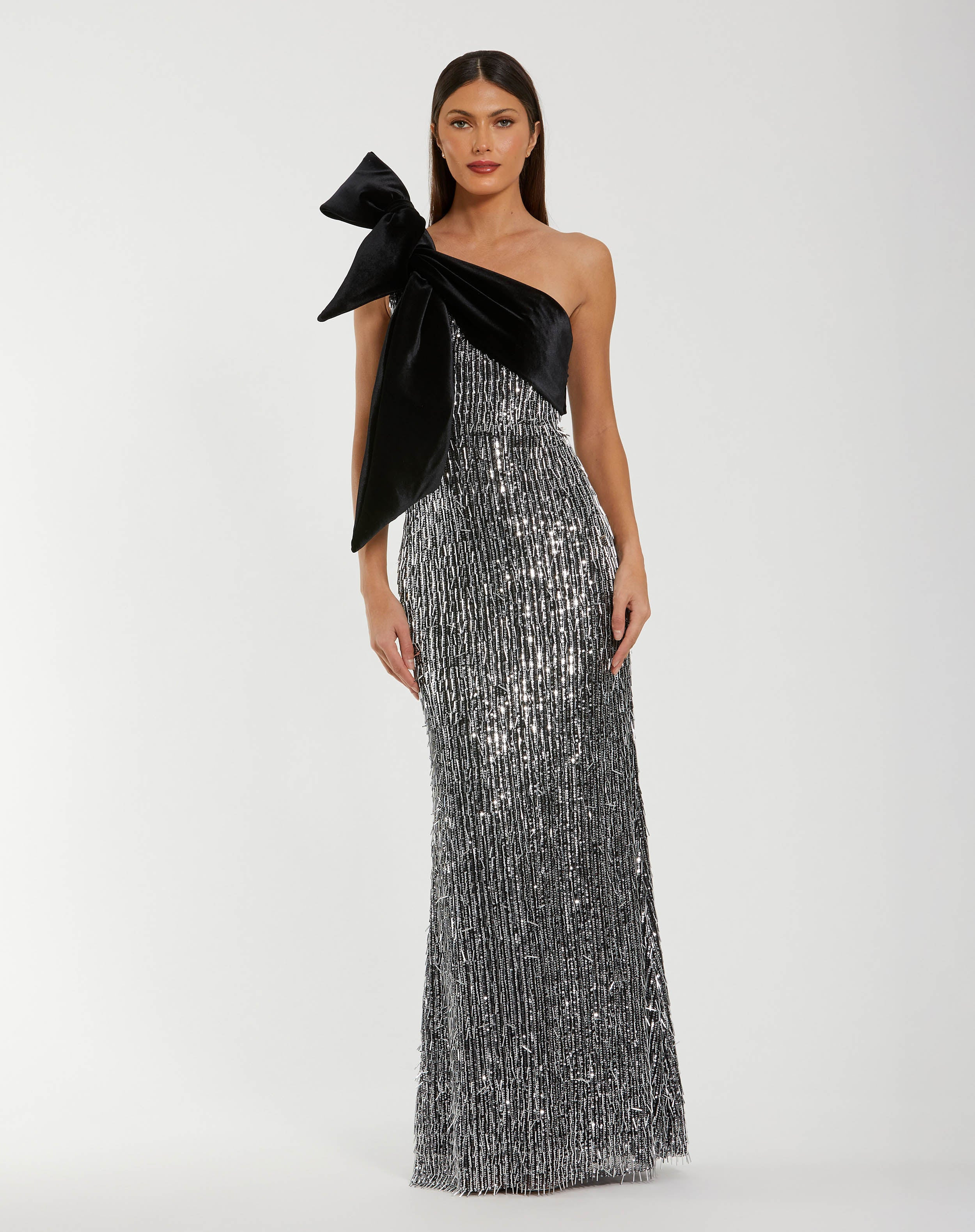 Black and Silver One Shoulder Embellished Gown With Velvet Bow | Mac Duggal | Mac Duggal