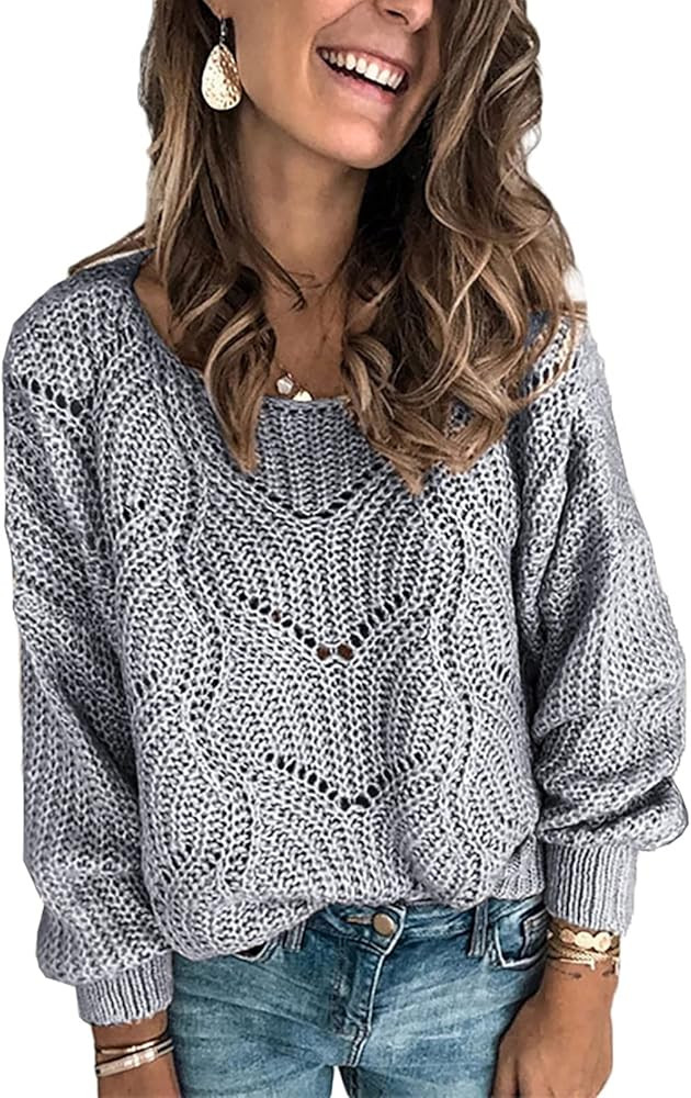 Dokotoo Womens 2023 Cute Elegant Soft Crewneck Long Sleeve Hollow Cable Knit Pullover Sweaters | Amazon (US)