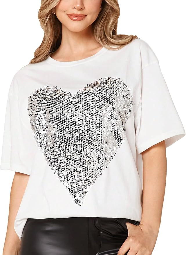 Verdusa Women's Heart Sequin Drop Shoulder Half Sleeve Tee Top Oversized T Shirt | Amazon (US)