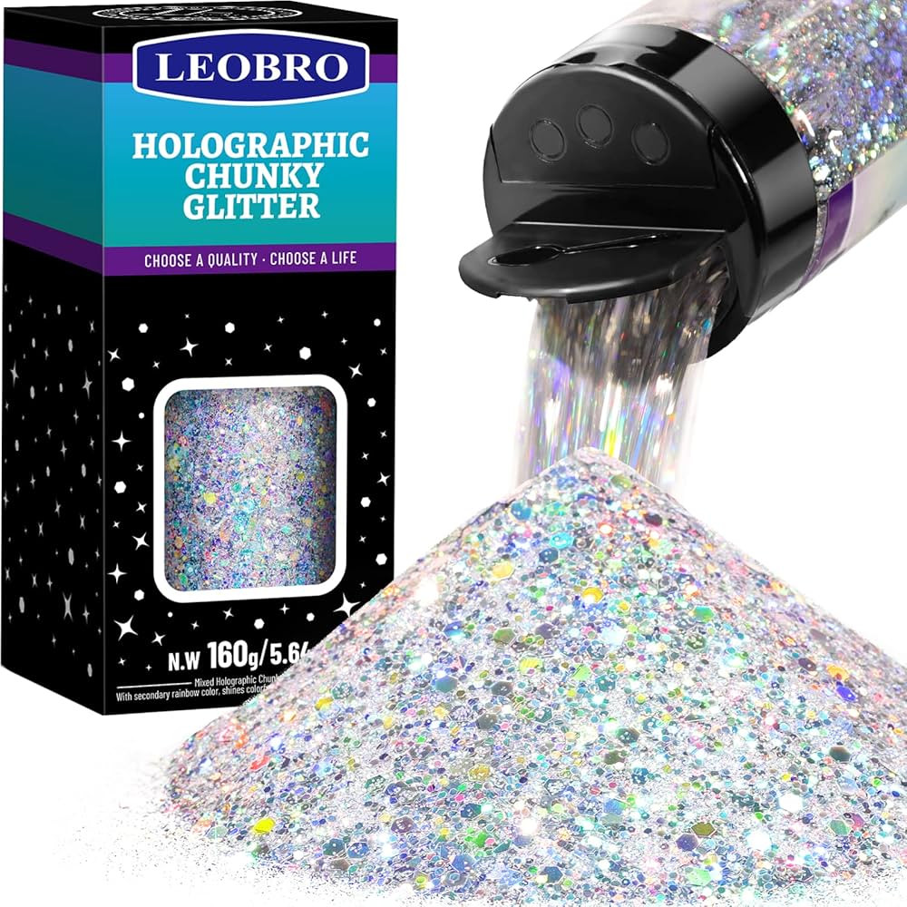 LEOBRO Glitter, 160g/5.64oz Silver Glitter, Holographic Chunky Glitter, Craft Glitter for Resin, ... | Amazon (US)