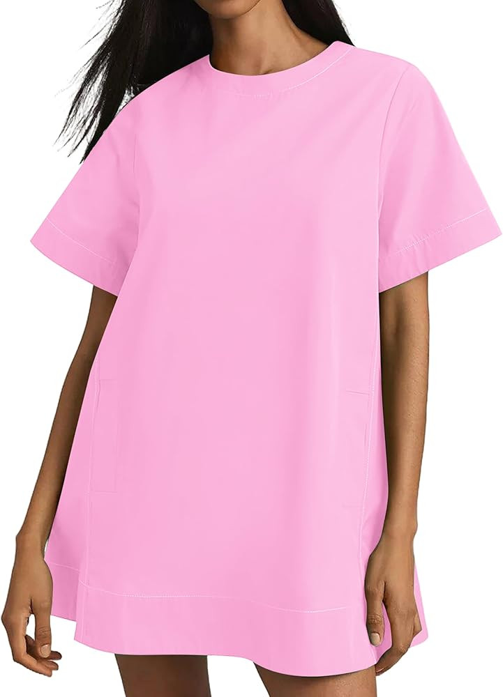 Women's Summer Short Sleeve Mini Dress Loose Fit Button Back Mini Dresses Slit Tunic Shirt Short ... | Amazon (US)