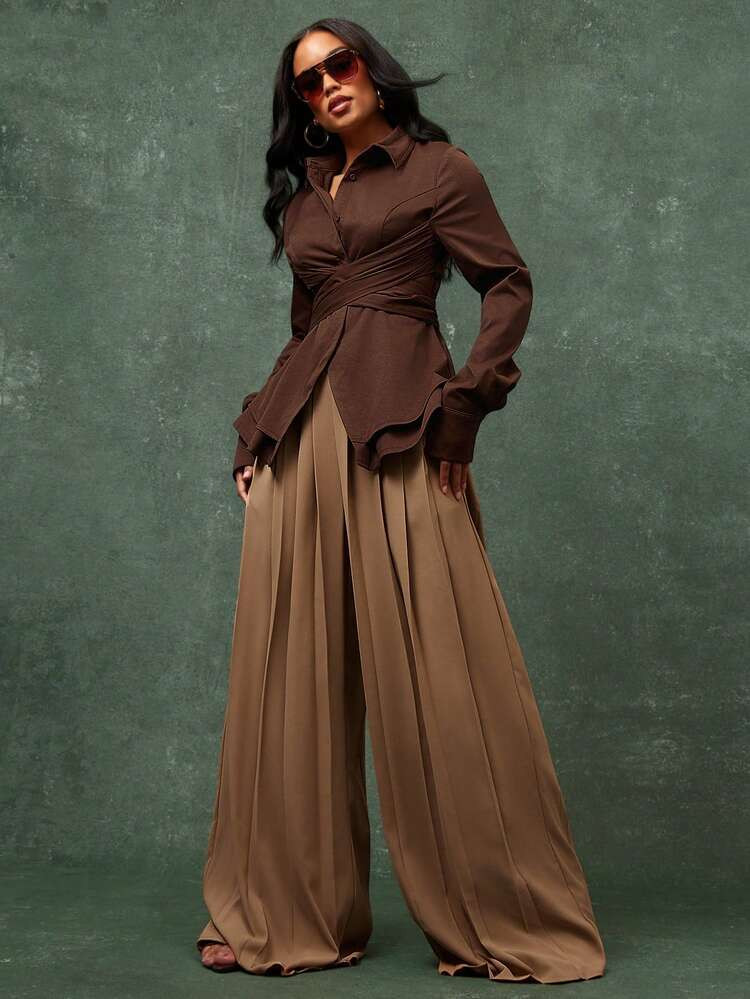 Vixey High Waist Pleated Wide Leg Office Pants | SHEIN