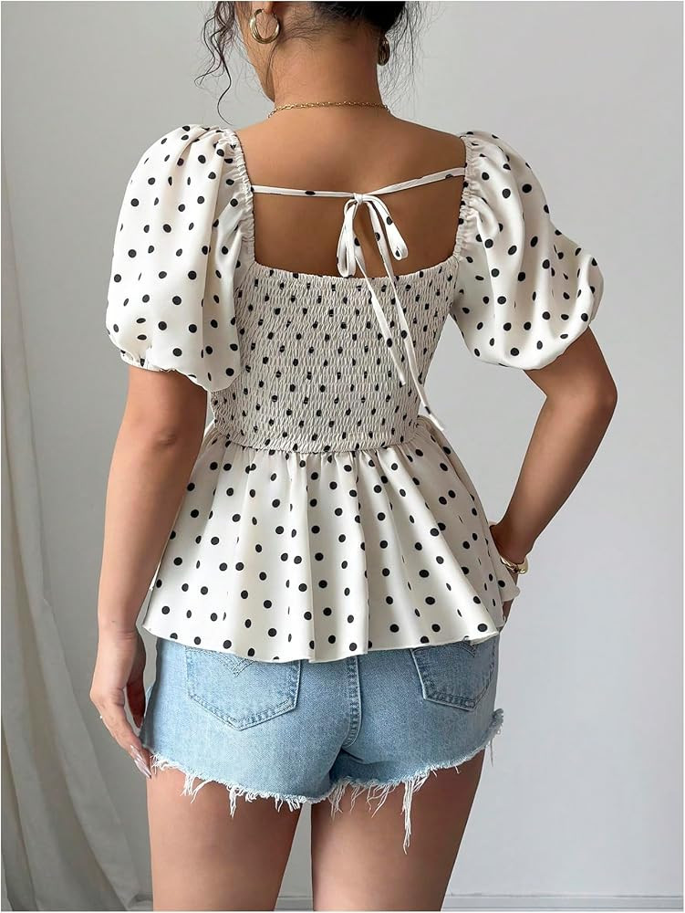 Verdusa Women's Polka Dots Ruffle Tie Back Dressy Blouses Elegant Puff Sleeve Shirred Peplum Tops | Amazon (US)
