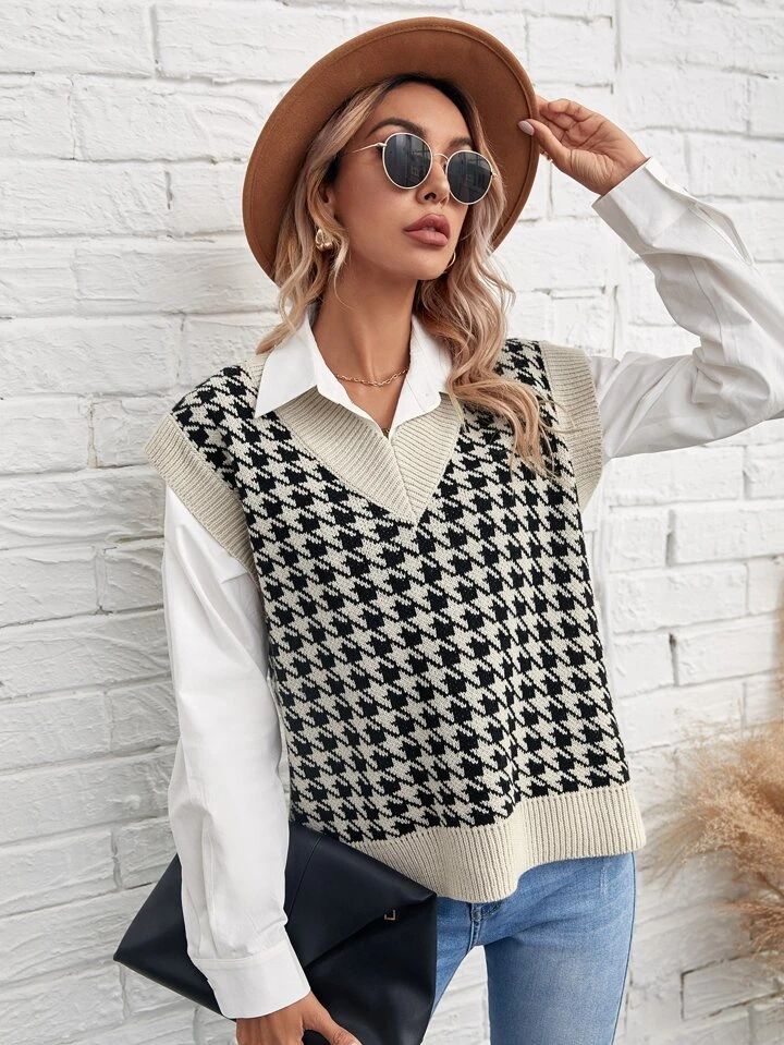 SHEIN LUNE Houndstooth Sweater Vest | SHEIN