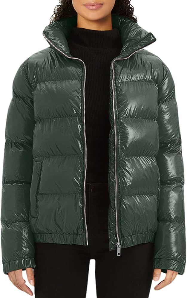 Women's Casual Quilted Shiny Padded Puffer Jacket Winter Warm Zip Short Bubble Coat | Amazon (US)