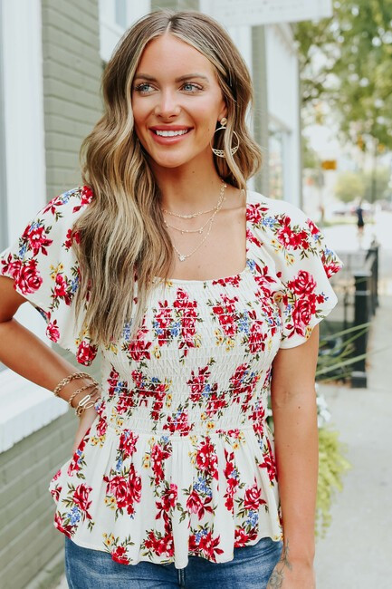 Square Neck Ivory Floral Peplum Top | Magnolia Boutique