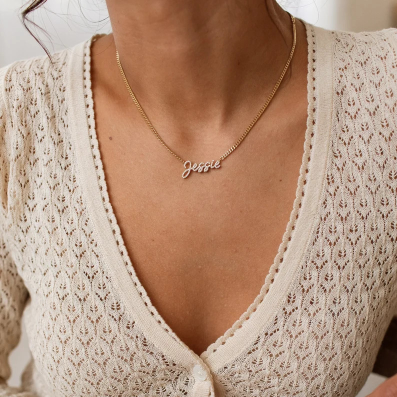 Pavé Name Necklace With Curb Chain by Gracepersonalized Custom Cursive Pavé Letter Necklace Per... | Etsy (US)