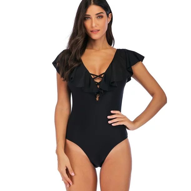SAYFUT Women's One Piece Swimsuit V Neck Ruffle Monokinis Swimwear Crossback Bathing Suits Black/... | Walmart (US)