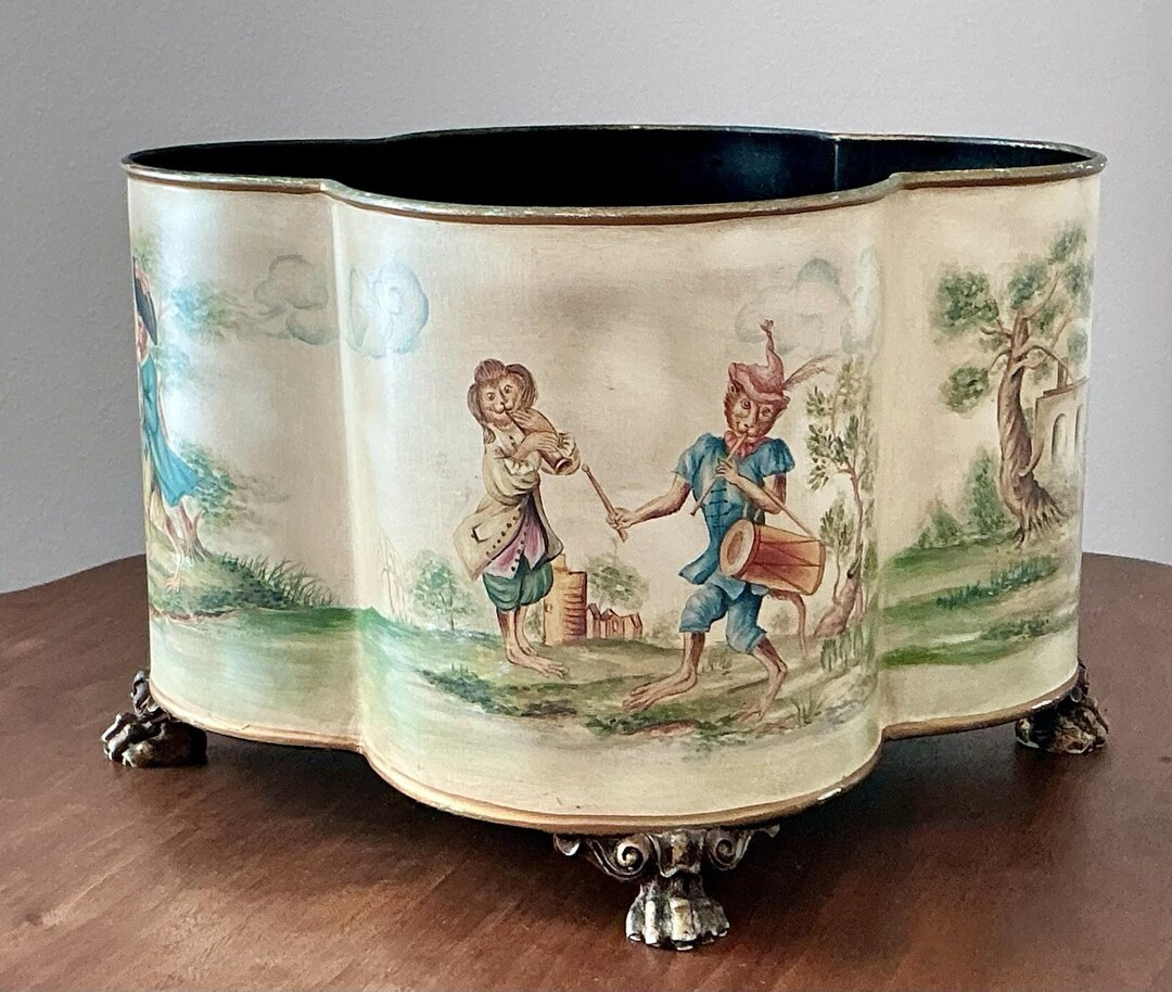 Vintage Jeanne Reed's Ltd Metal Cachepot "Monkeys in Costume" Quatrefoil Paw Feet, Chinoiserie De... | Etsy (US)