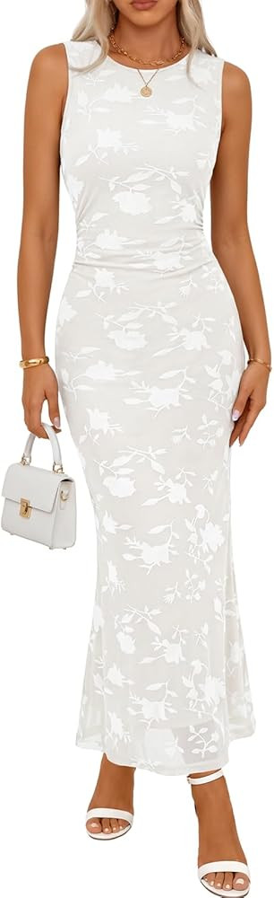 MEROKEETY Women's Summer Wedding Guest Maxi Dress 2026 Sleeveless Floral Bodycon Mesh Cocktail Fo... | Amazon (US)
